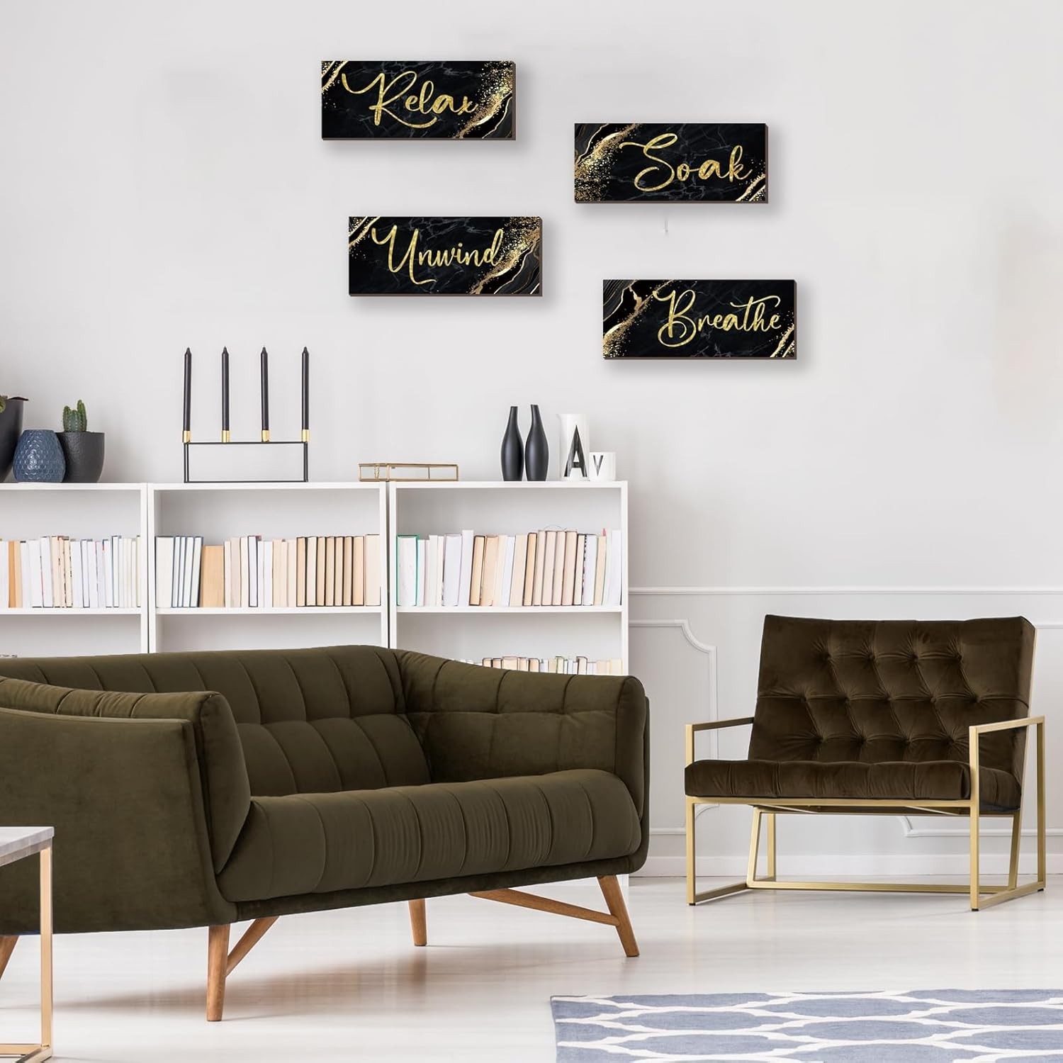 4 Pcs Black and Gold Bathroom Decor Black Gold Wall Decor Relax Soak Unwind B…