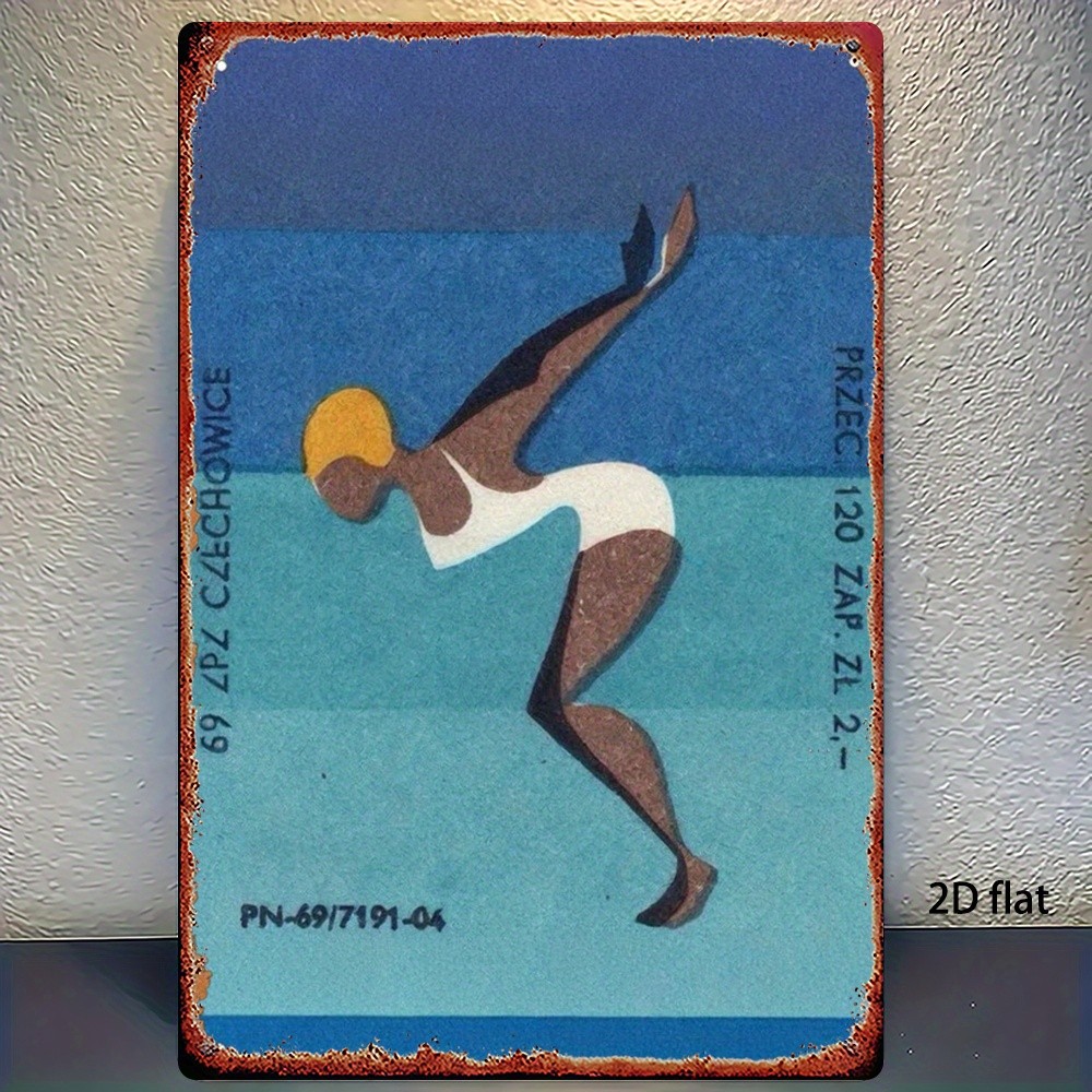 Vintage Polish Swimming Metal Tin Sign Retro Geometric Wall Decor for Pool Area