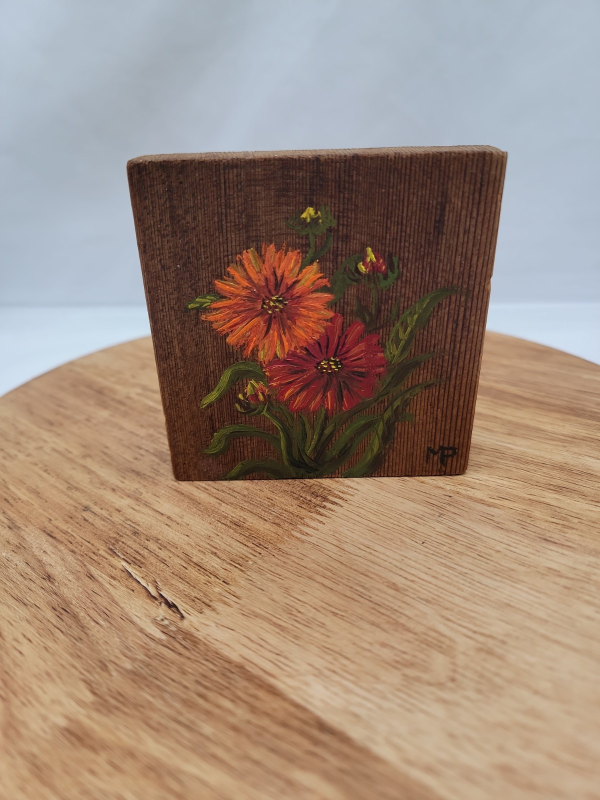 Handpainted Floral On Wooden Block 3.5×3.5