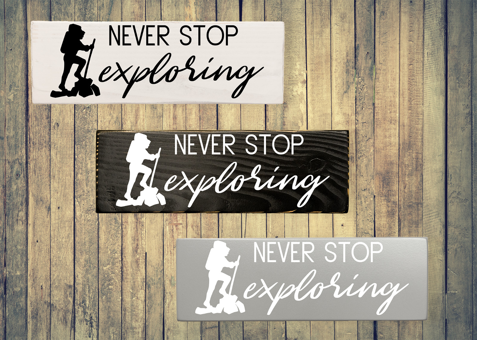 Never Stop Exploring Handmade Minimalist Black, Gray, White Wood Sign Home Art