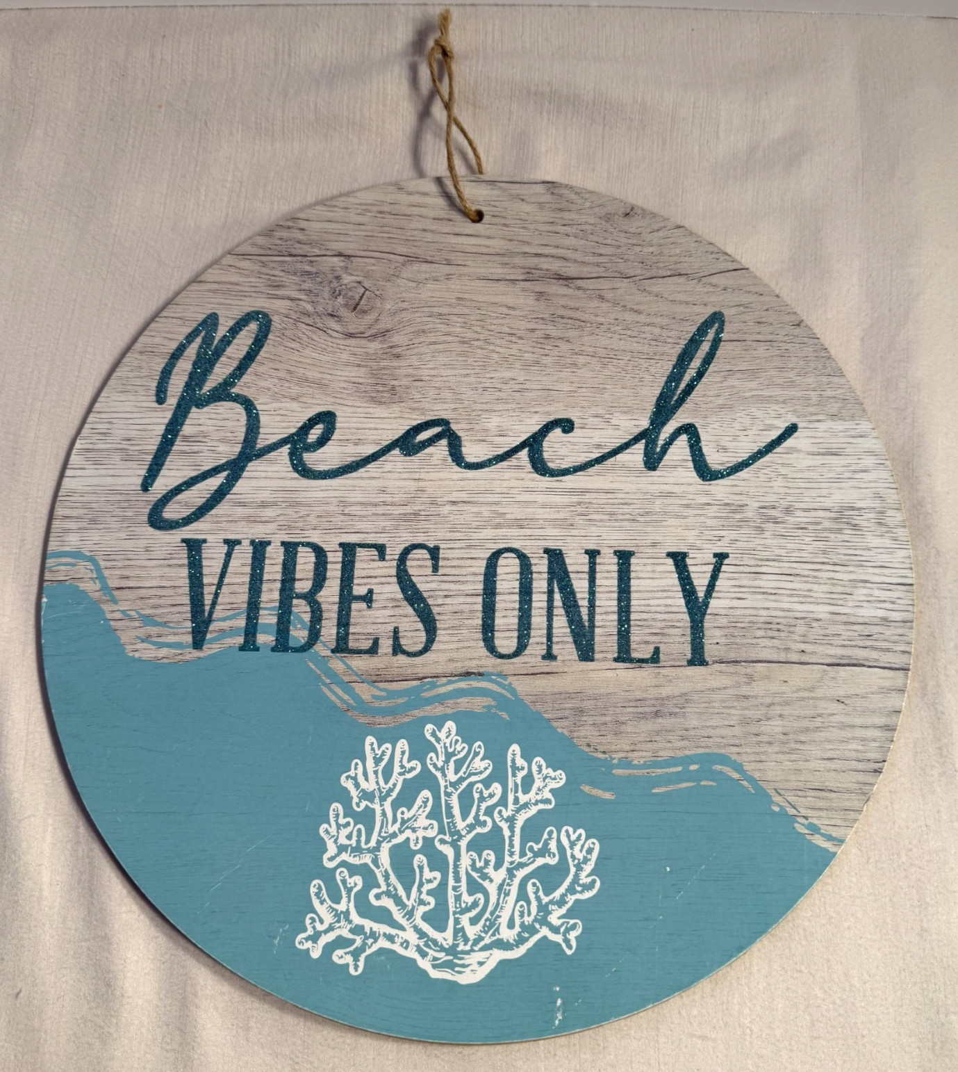 New 12” Beach Vibes Only Teal Blue Glitter Letters Woodgrain Round Hanging Sign