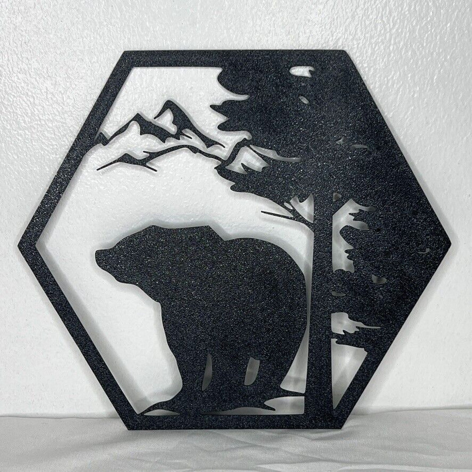 Set 4 Plastic Wall Art Decor Rustic Wildlife Hexagon Silhouettes Bear Wolf Elk