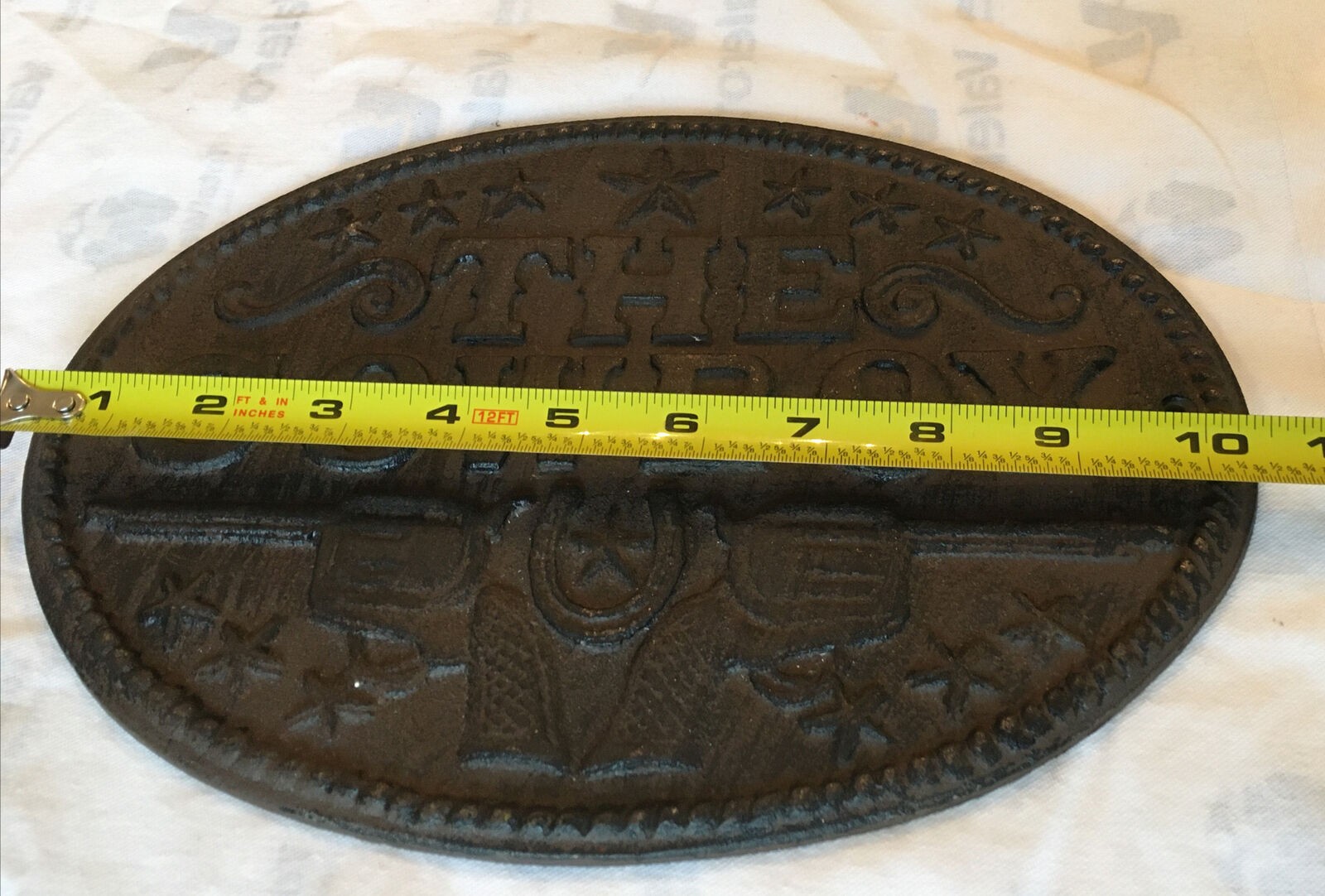 Vintage Cast Iron Cowboy Plaque Sign Rustic Weights 3 pounds