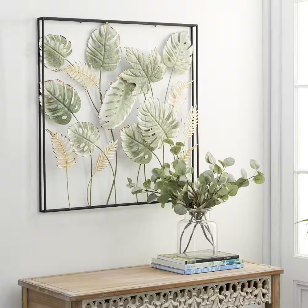 30 In. X 30 In. Metal Green Tall Cut-Out Leaf Wall Decor with Intricate Laser Cu