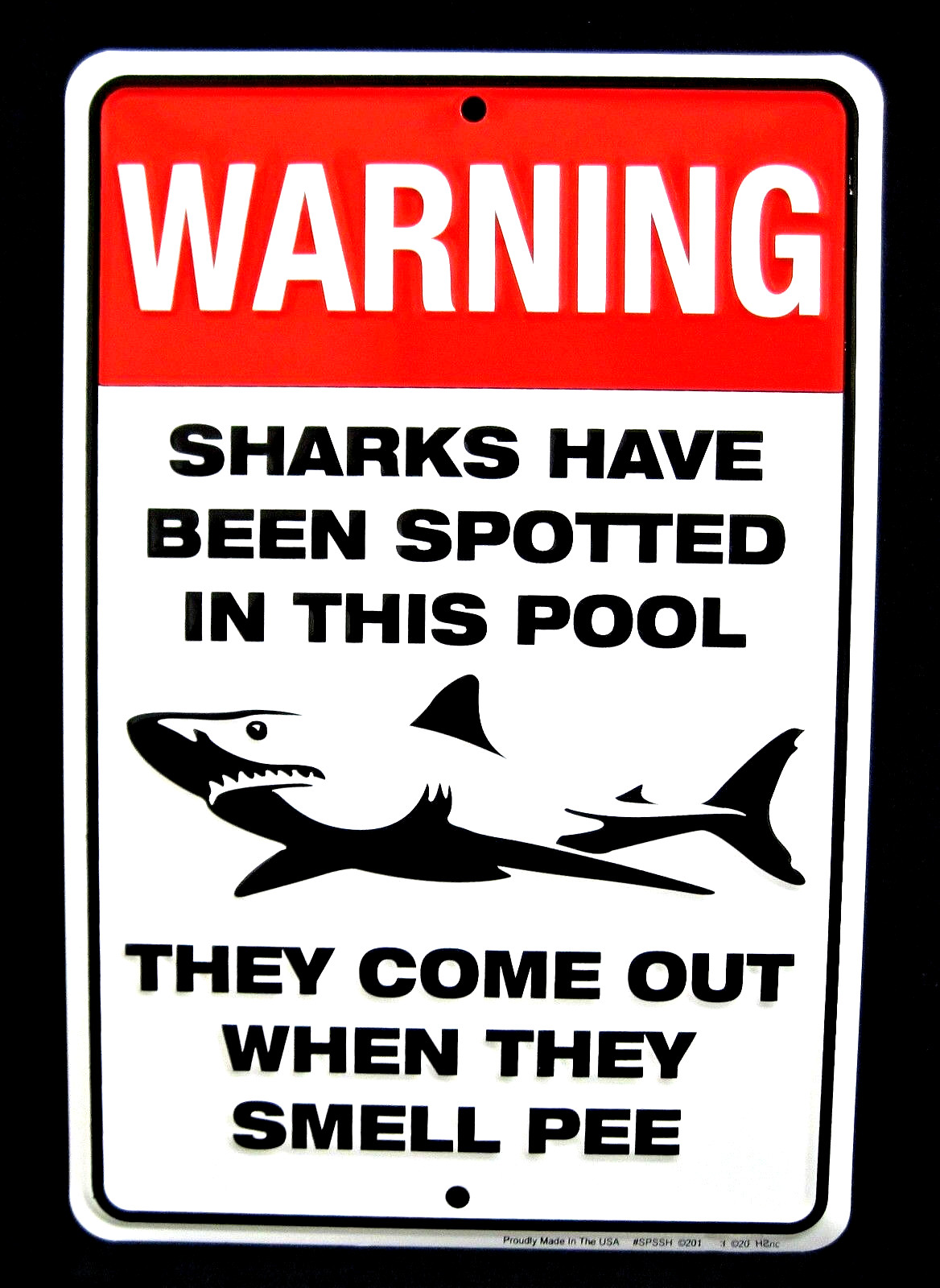 SHARKS Spotted in Pool -*US MADE* Embossed Metal Sign -Man Cave Garage Bar Decor