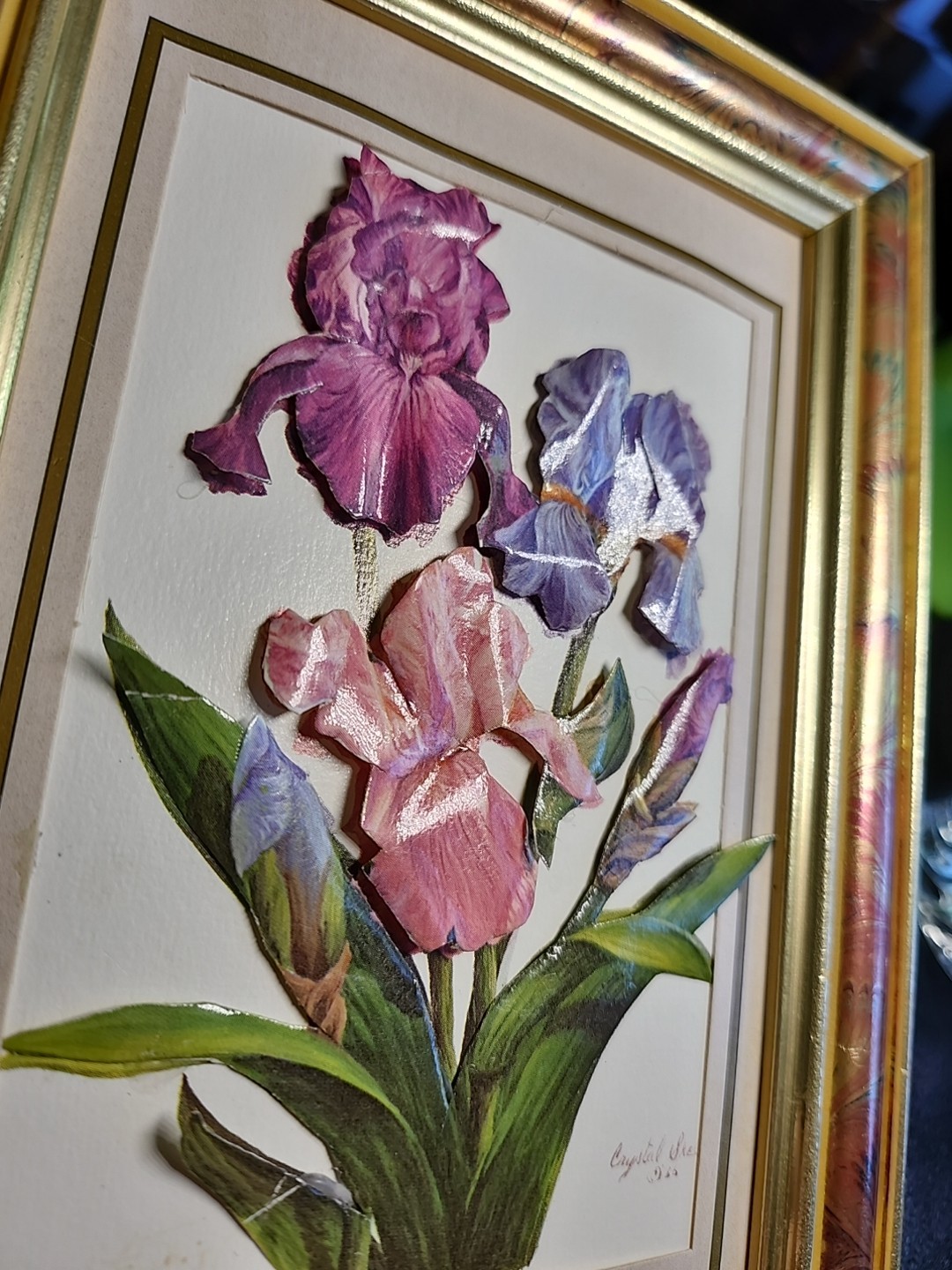 Vintage Decorative Iris Paper Tole, Relief In Frame, 3D, 7.5 x 6 In. Purple/Pink