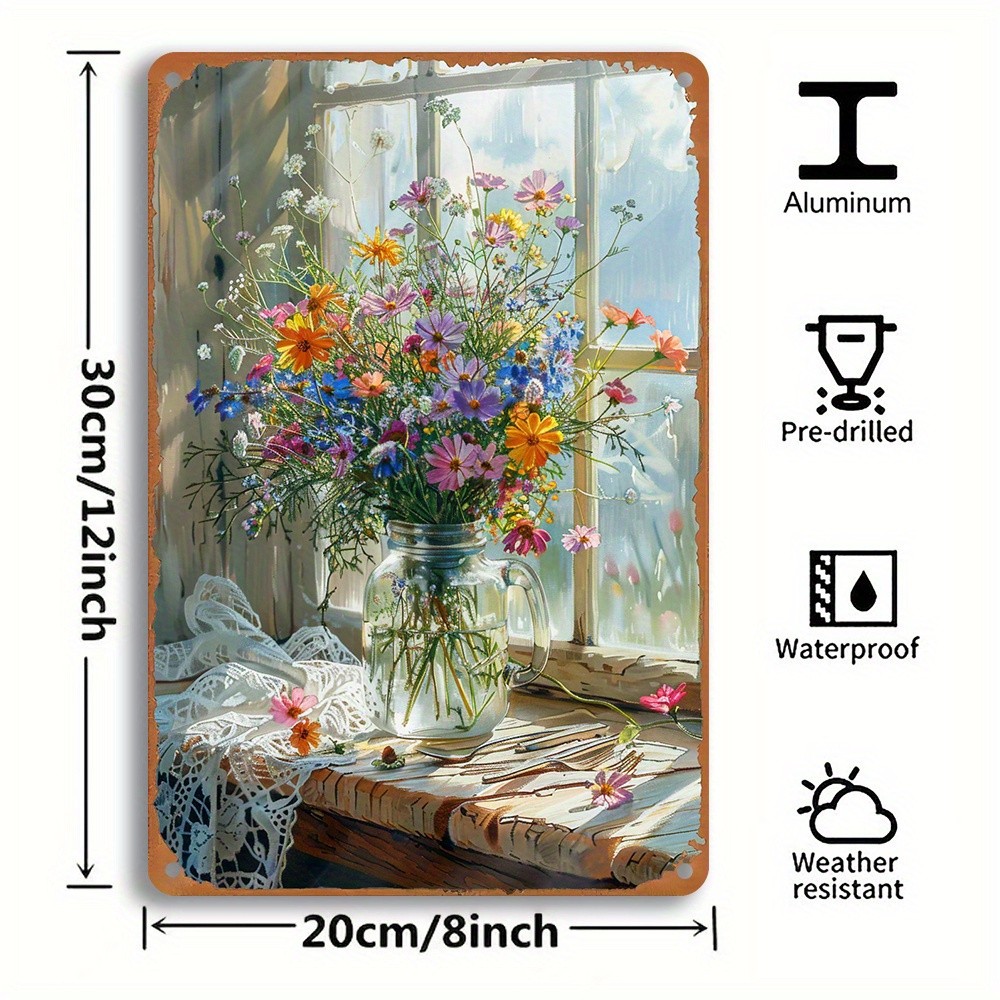 Vintage Wildflower Vase Metal Sign Rustic Home Living Room Wall Hanging Decor