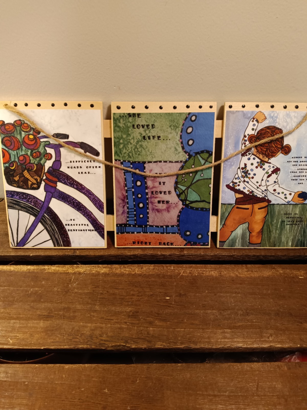 Decorative Wall Art on Wood, Three Inspirational Messages, One Piece, Whimsical