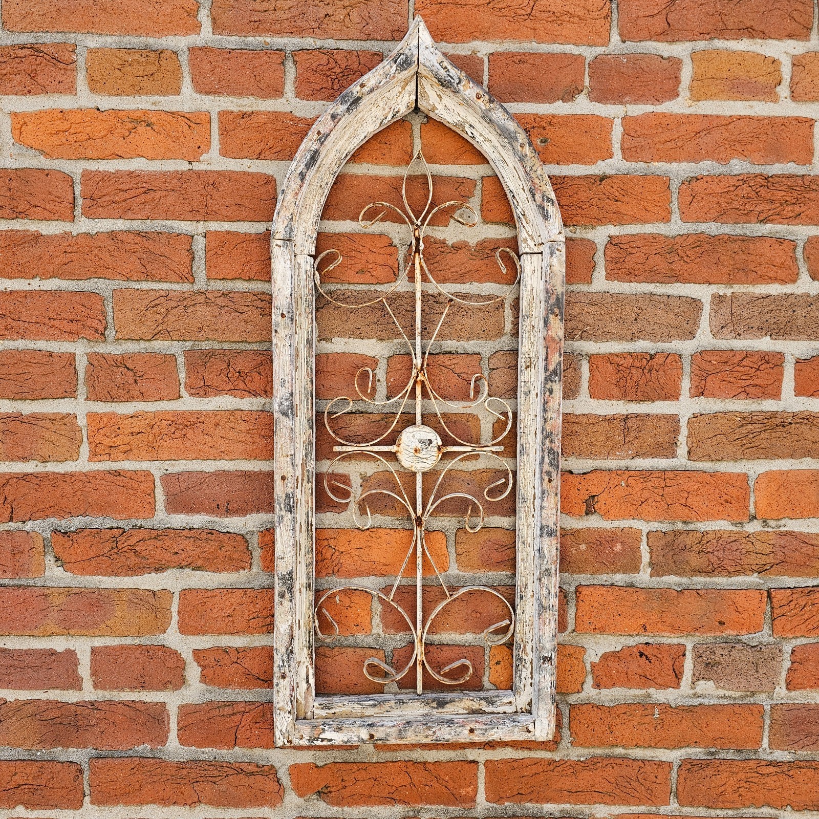 Vintage Rustic Wood Window Frame Wall Decor Arch Iron Scroll Farmhouse 29”