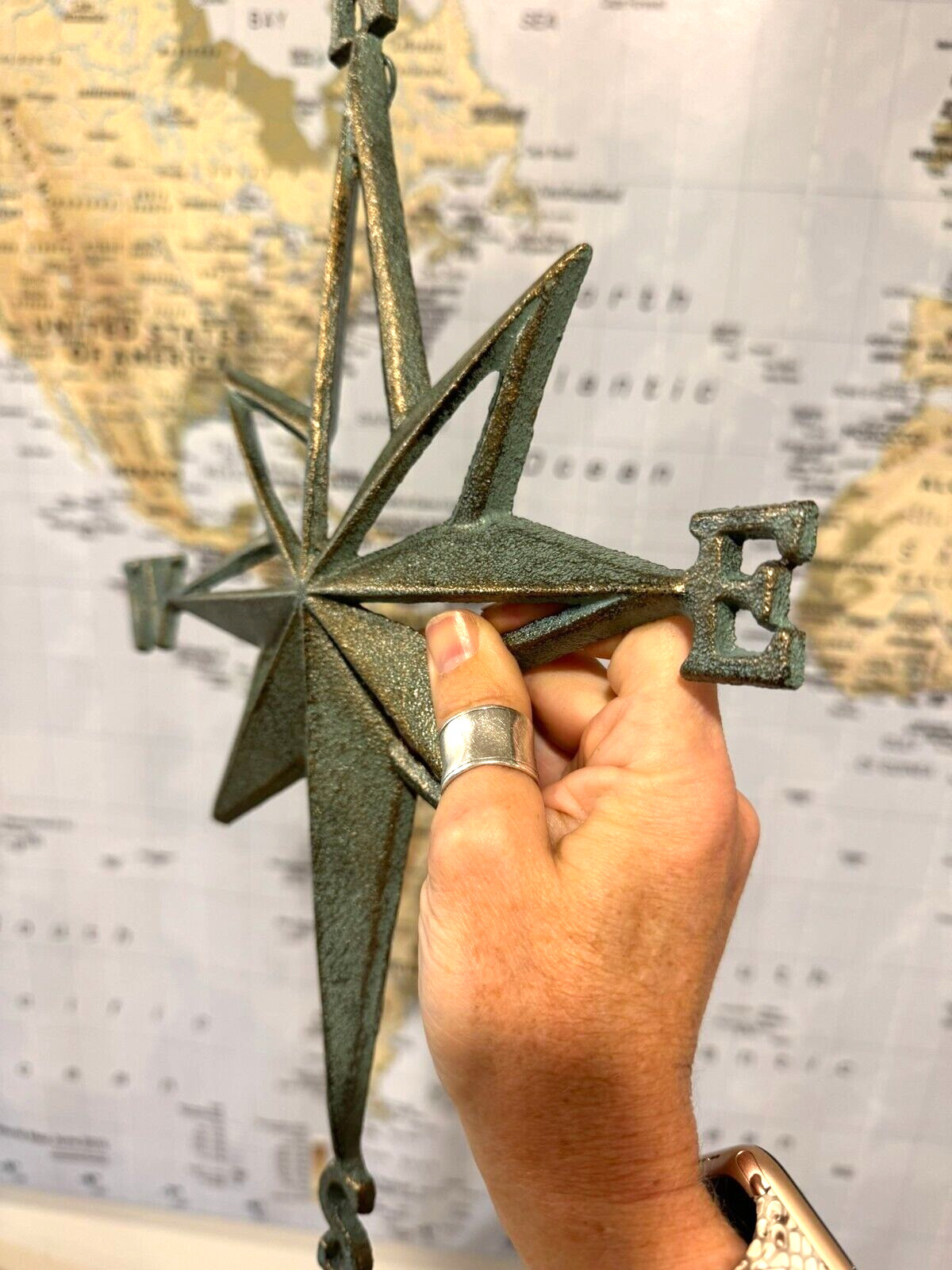 Nautical Star Compass Wall Beach Decor Verdigris Green Patina Rustic Cast Iron