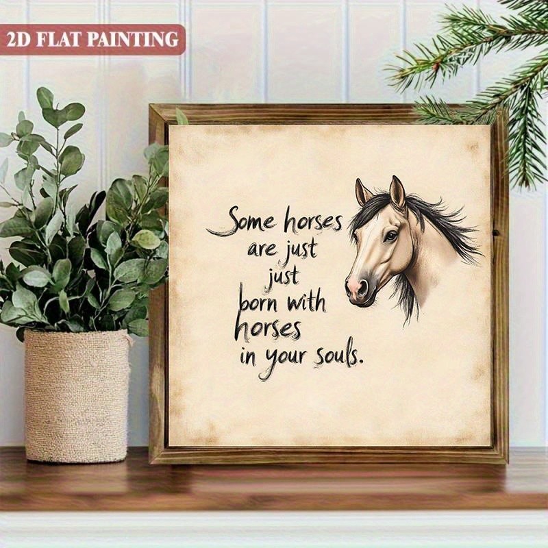Sketch Light Horse Head & Soft Cursive Text Square Wooden Plaque Tabletop Gift