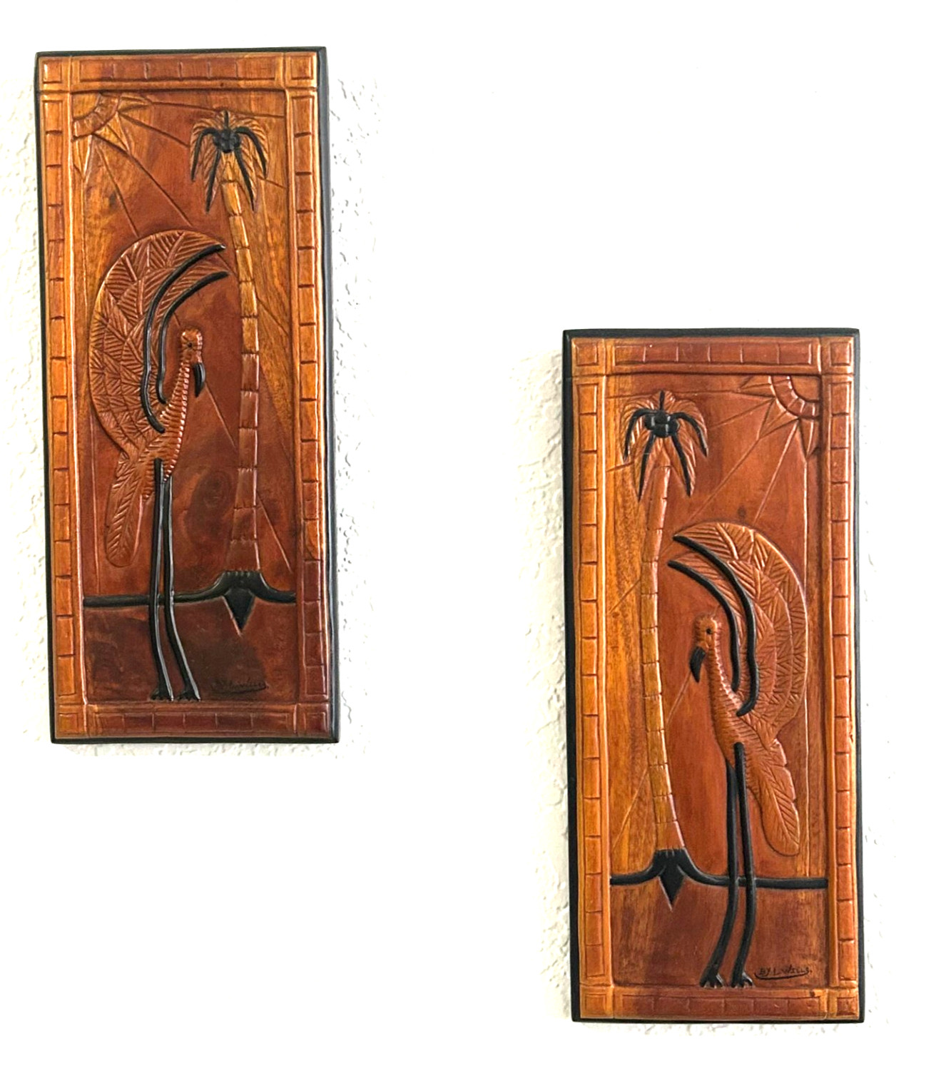 Vintage Hand Carved Wooden Relief Wall Plaques Tropical Birds & Palm Trees.2 Pcs