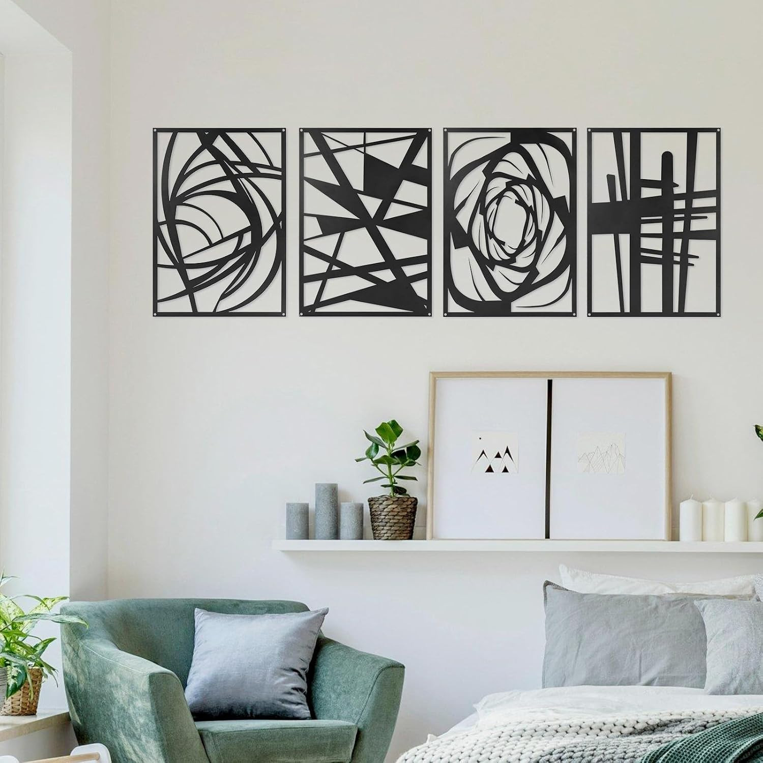 4 Pieces Black Abstract Metal Wall Art, Modern Minimalist Matte Wall Decor, 3D T