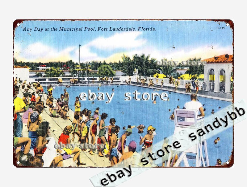 1930-45 Any day municipal pool. Fort Lauderdale, Florida tin sign room accessory