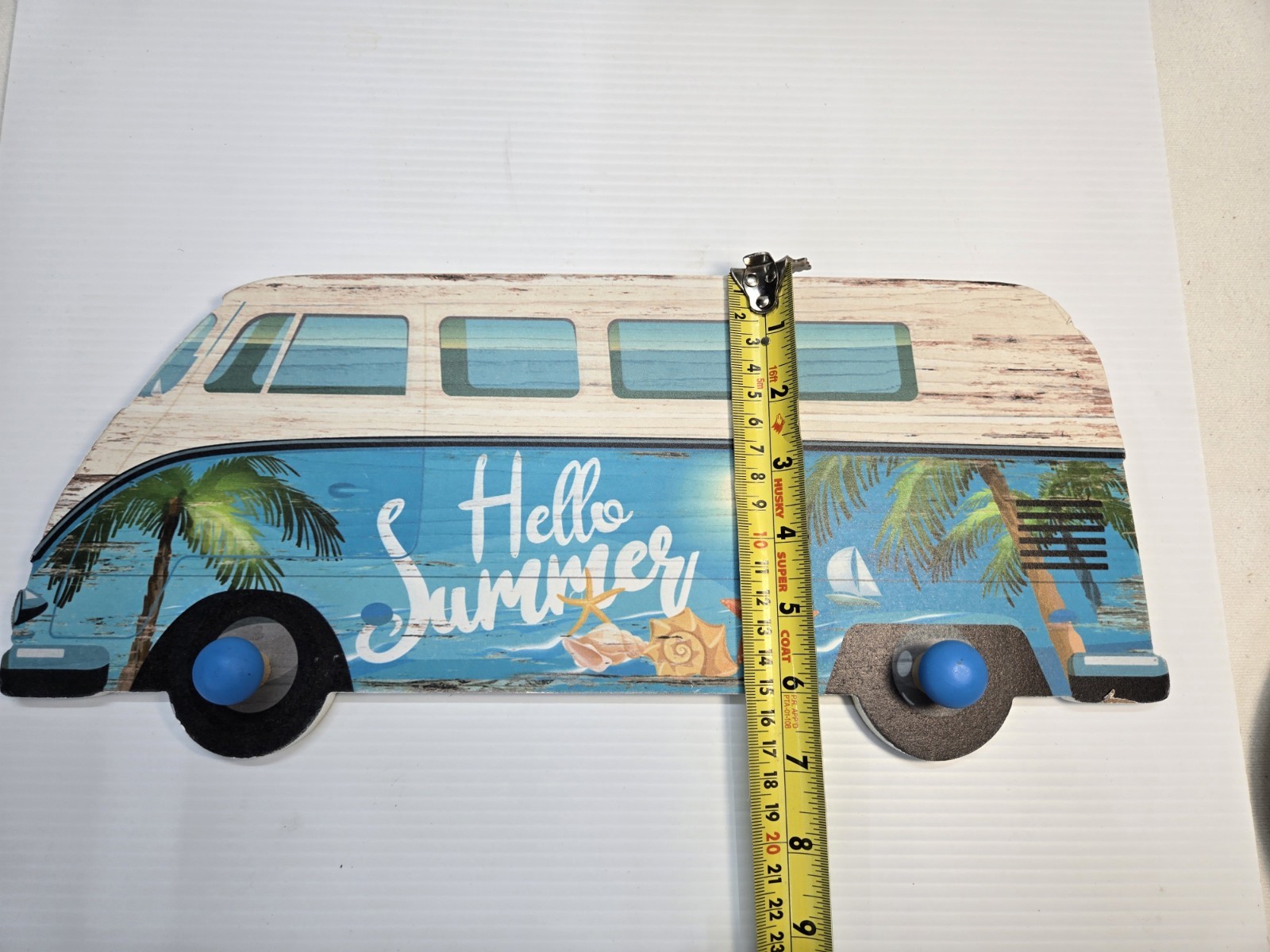 Hello Summer Van Wall Plaque Sign w/ Pegs, Beach Theme Painted MDF 16 in