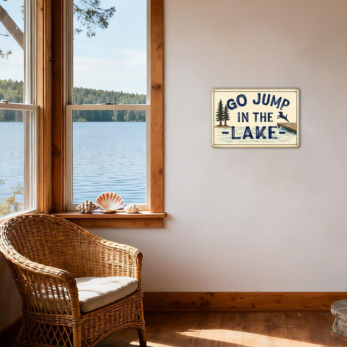Vintage Lake House Decor Wall Art – Go Jump in the Lake Sign, Lake Life Cabin De