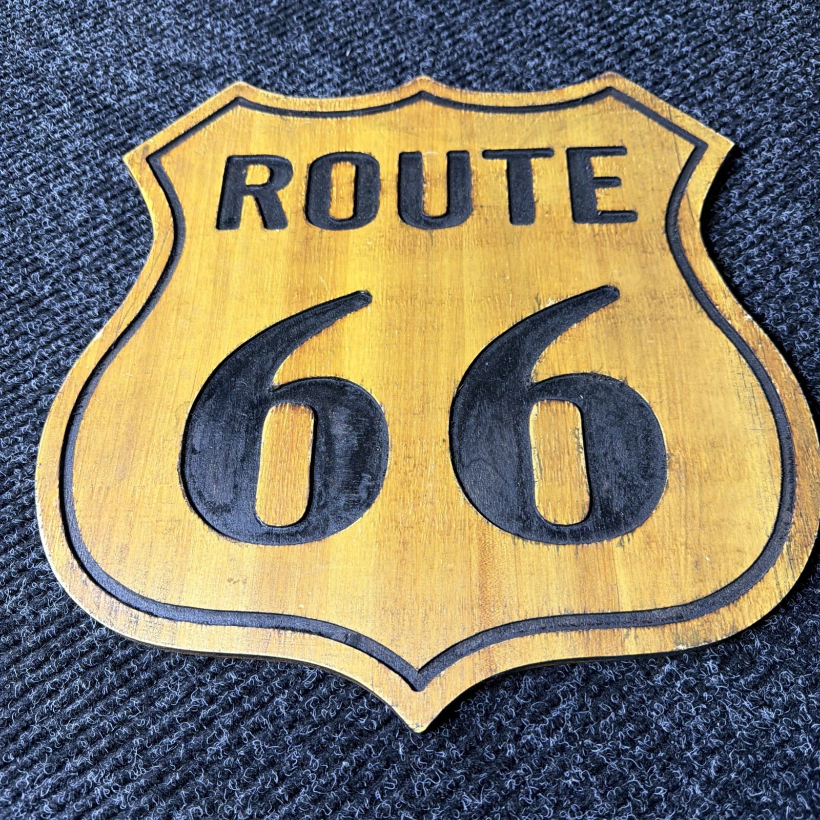 Route 66 Rustic Wood Wall Decor Sign – 14″ x 13-1/2″ x 7/8″ NEW! Man Cave Cars
