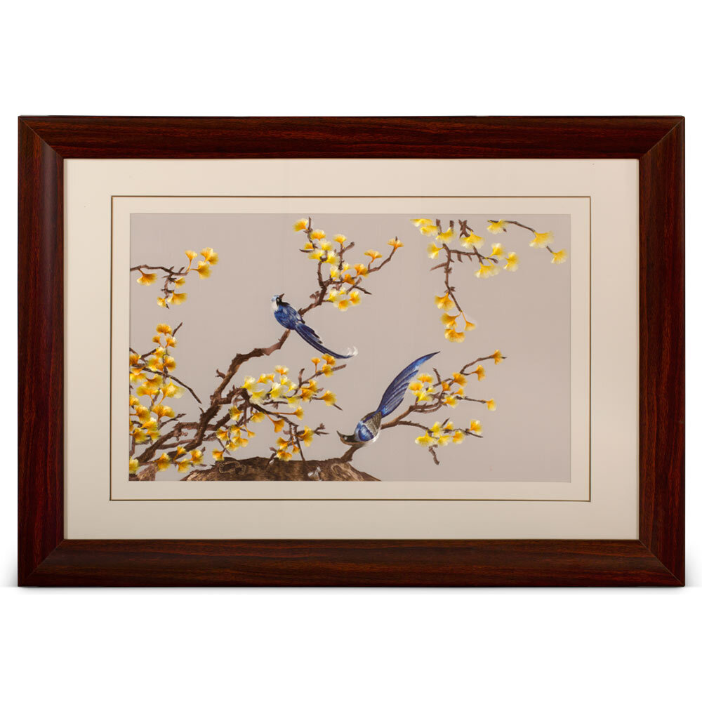 US SELLER -Chinese Silk Embroidery Wall Art of Blue Maggies Yellow Ginkgo Branch