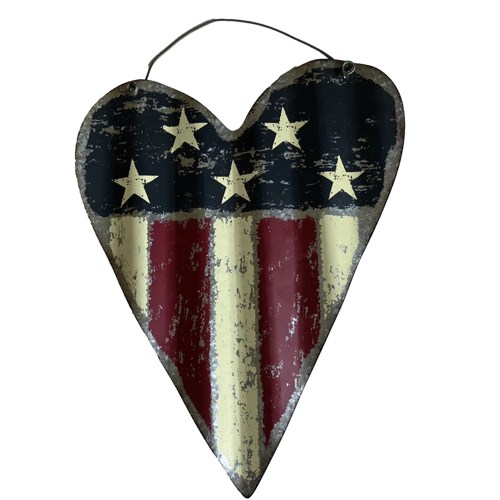 Americana Distressed Metal Heart Flag Shaped Patriotic w/Rusty Wire Hanging Sign