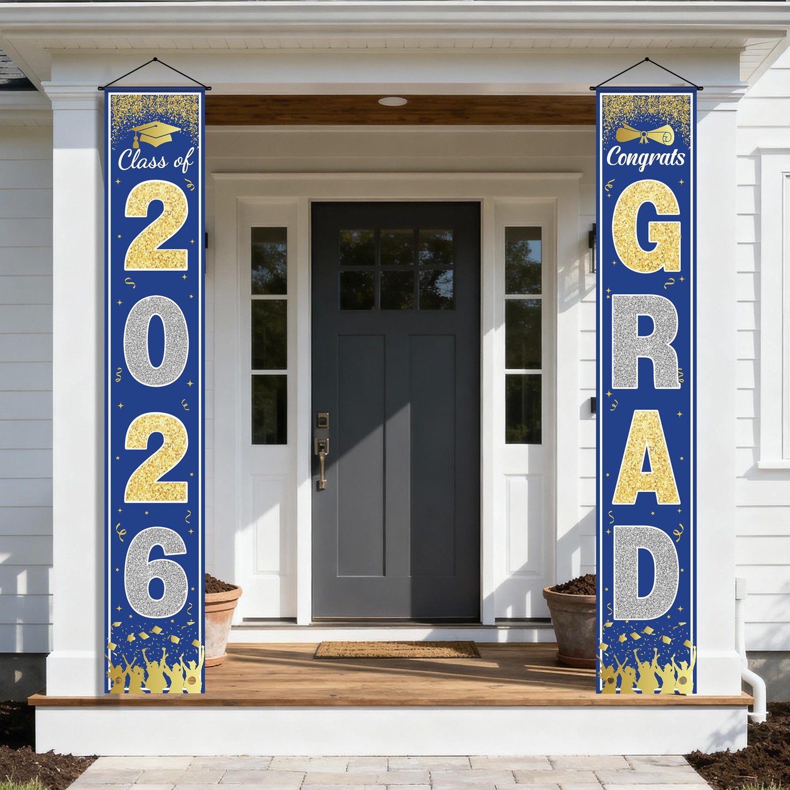 Graduation Decorations 2026 – Blue Gold Congrats Grad Porch Banner for Graduatio