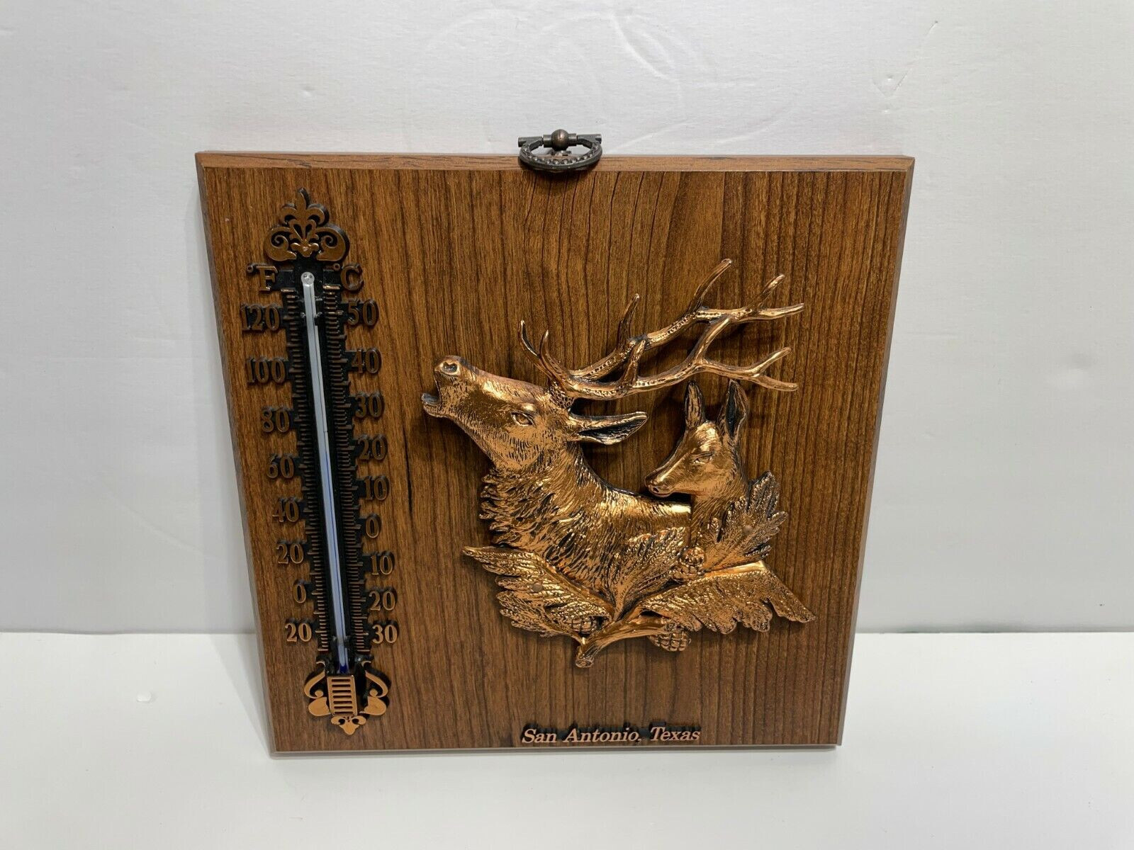 San Antonio TEXAS Wood WALL PLAQUE THERMOMETER Copper Color Deer Buck Lone Star