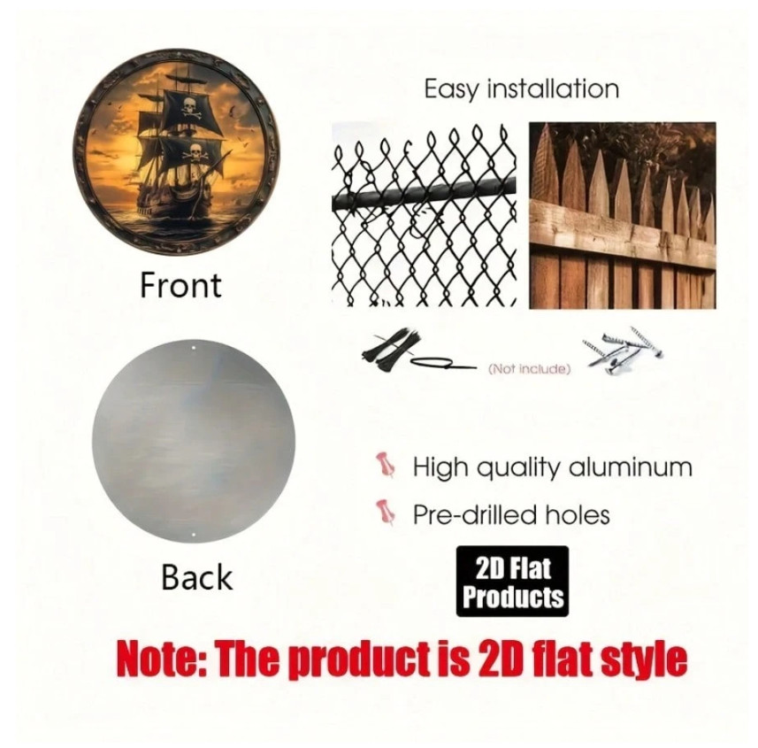2D Flat Vintage Pirate Ship Wall Art Theme, Round Aluminum Metal Decorative Pla