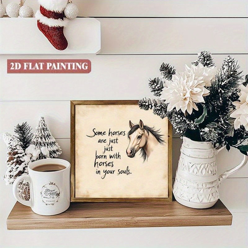 Sketch Light Horse Head & Soft Cursive Text Square Wooden Plaque Tabletop Gift