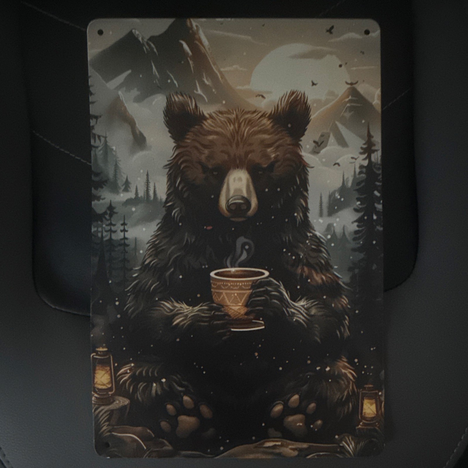 Metal Bear with Coffee Cup Nature Scene Wall Sign, Vertical Rectangle, Printed