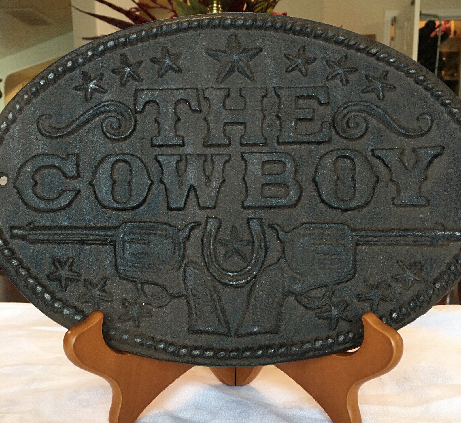 Vintage Cast Iron Cowboy Plaque Sign Rustic Weights 3 pounds