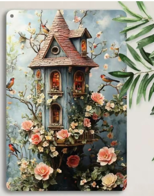 French Country Farmhouse Vintage Bird House Floral Spring Metal Art Sign 8×12