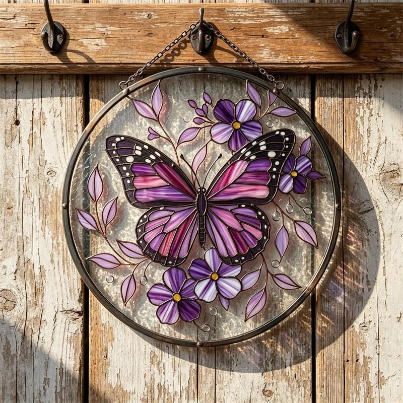 Purple Butterfly Stained Glass Suncatcher – Floral Window Art