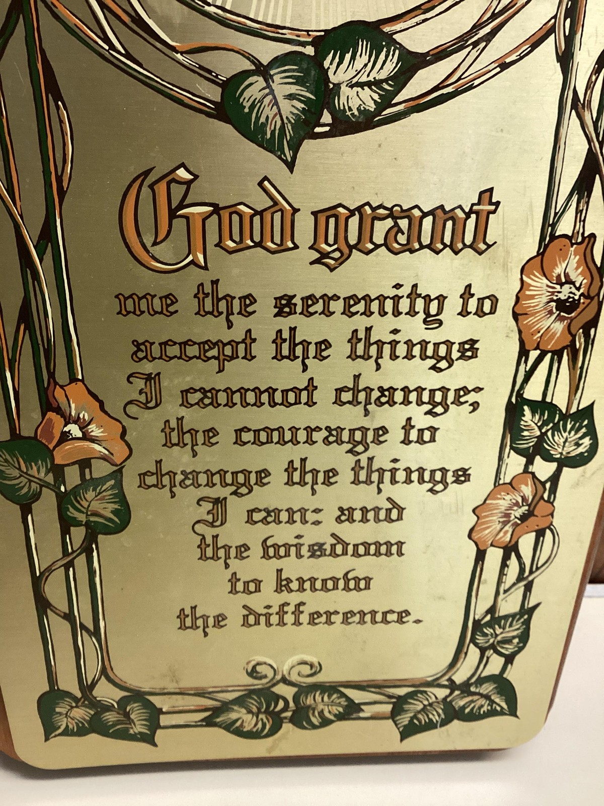 Vintage Serenity Prayer Wall Plaque Gold Arch Floral Metal Wood Christian Decor