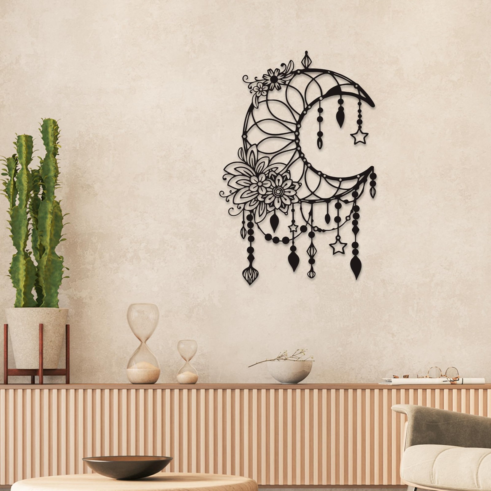 Matte Black Moon Phase Wall Decor–Elegant Metal Moon Wall Art with Floral & H…