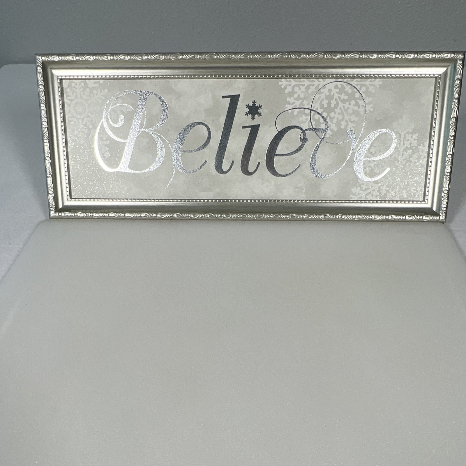 Hobby Lobby Believe Christmas MDF Plaque Silver Gray Rectangle 20×8