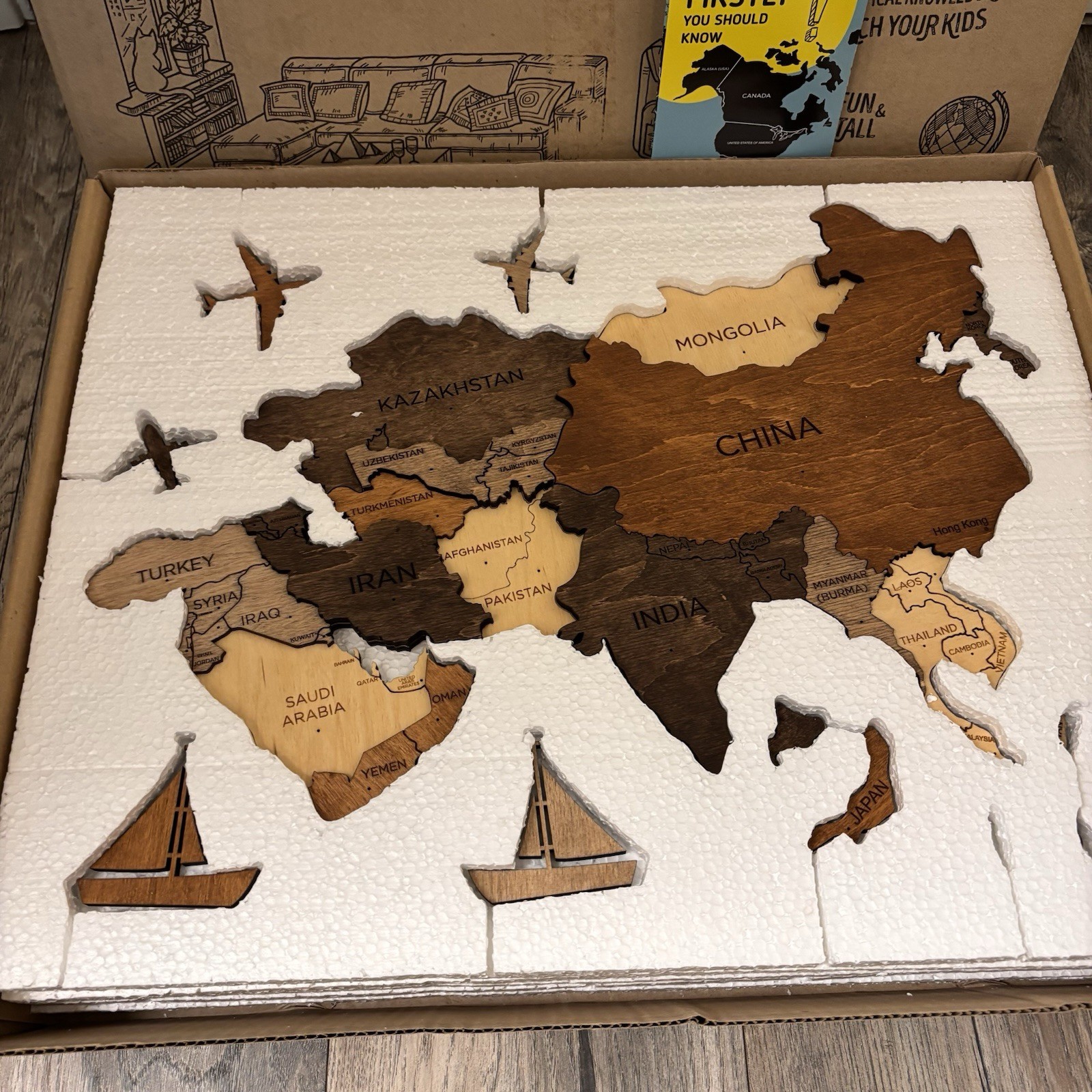 3D Wooden World Map wall art set Enjoy The Wood, New In Damaged Box 59×35” L