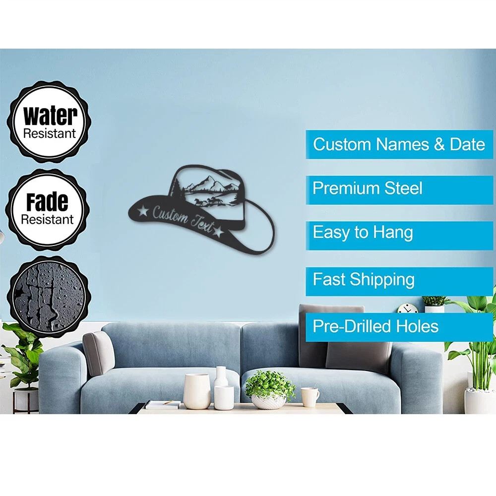 Personalized Cowboy Hat Horses Metal Sign Custom Name Monogram Western Wall Art