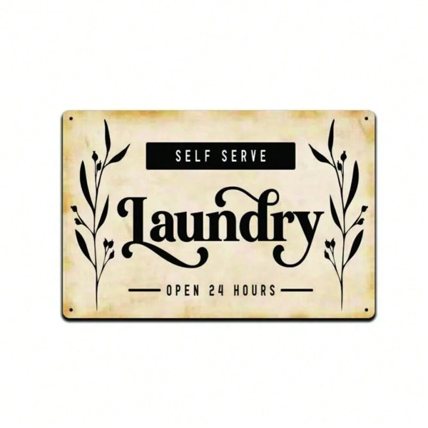 Laundry Room Metal Tin Sign Wall Decor Self Serve Open 24 Hours Wall Plaque