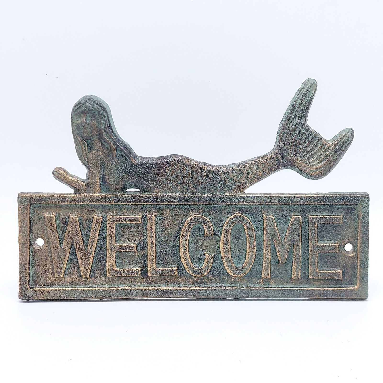 Cast Iron Mermaid Welcome Plaque Sign Nautical Beach Garden Decor Patina 8″ x 5″