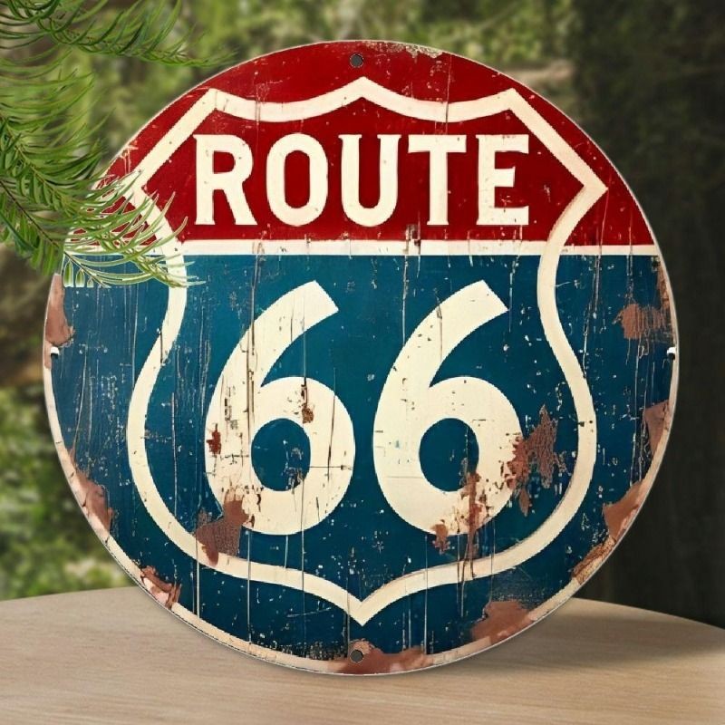 Vintage Route 66 Metal Sign Round Retro Distressed Highway Wall Hanging Decor