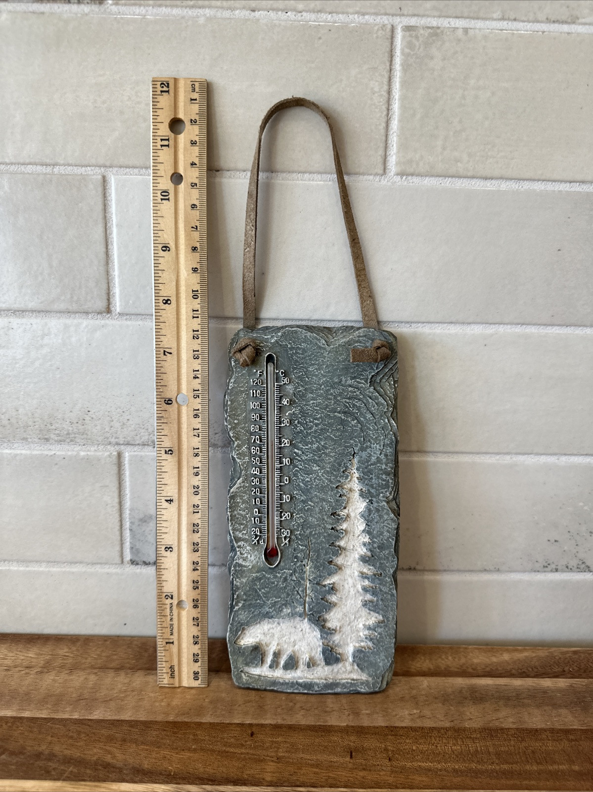 Cabin Bear Tree Mercury Thermometer Decor With Leather Strap Cabin Core 7.5”
