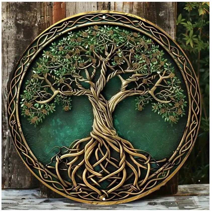 Celtic Tree Of Life Flat Metal Round Sign, Size: 19.81×19.81cm, Vintage Metal Wa
