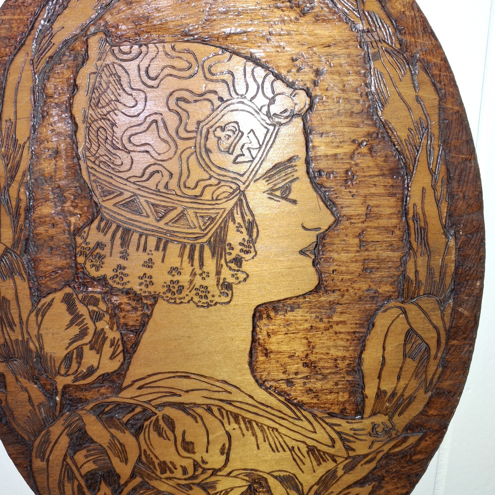 Antique Flemish Wall Art Lady Portrait Wood Country Farmhouse 1909