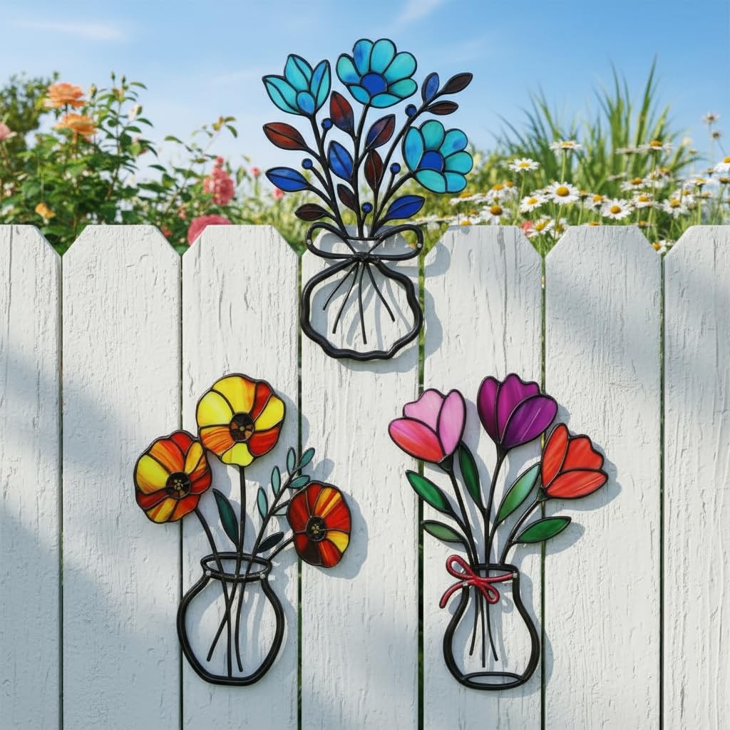 3Pc Metal Flower Wall Decor | 3D Colorful Outdoor Art for Garden & Patio