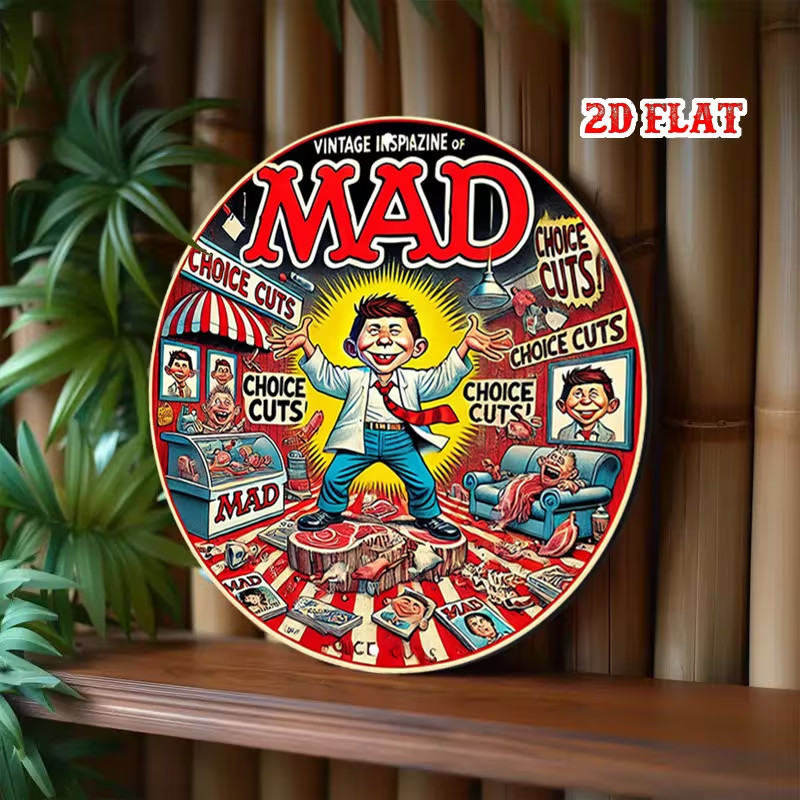 Magazine Aluminum Metal Tin Sign, Cuts Round Aluminum Sign, MAD Character Rustic