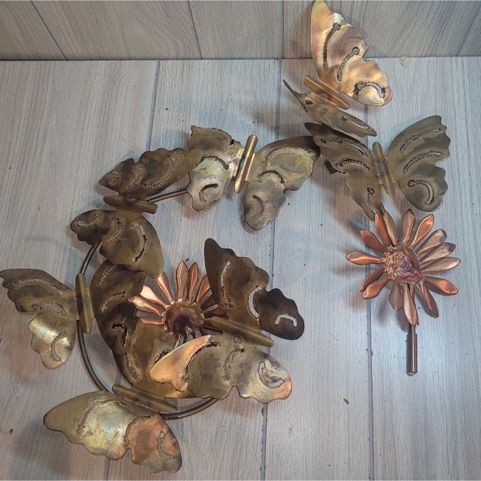 Vtg Brass Copper Butterfly & Daisy 2 Piece Gallery Wall Art Decor MCM Farmhouse
