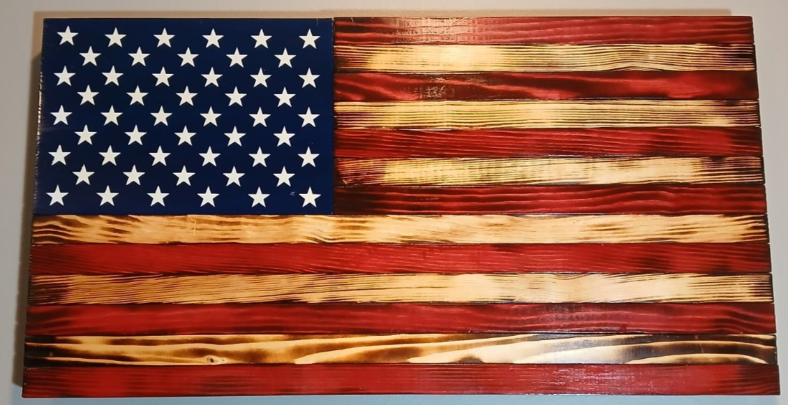 RUSTIC WOODEN AMERICAN FLAG HANDCRAFTED BURNT 25″ x 13.5″ 50 STARS IN STOCK