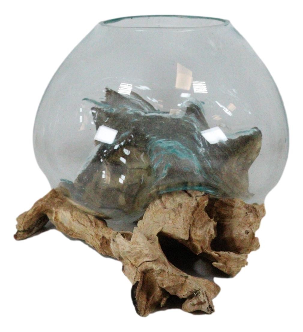 Balinese Handicraft Natural Driftwood With Fitted Hand Blown Glass Bowl 7″L
