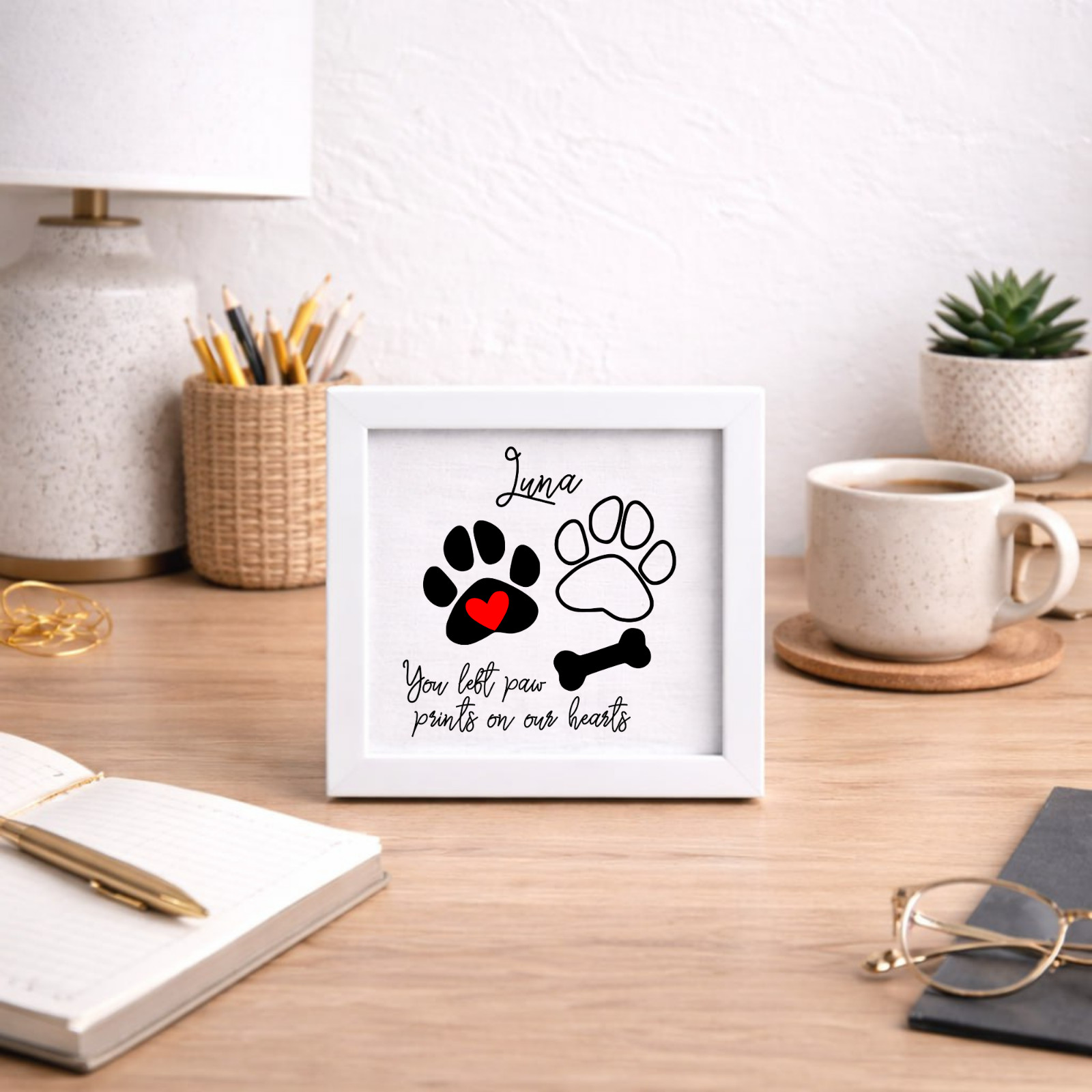 Personalized Dog Paw Memorial Sign Laser Engraved Pet Loss Gift on Wood in Frame