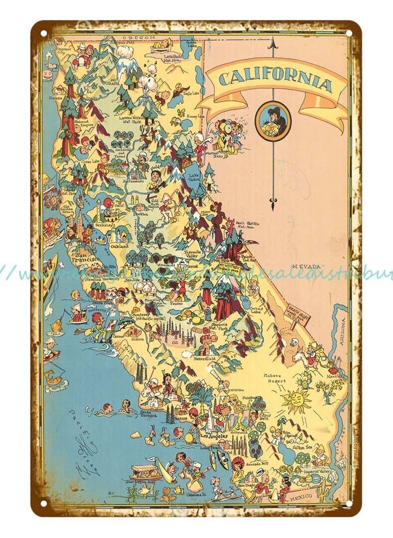 1935 Pictorial Map of California Ruth Taylor metal tin sign metal bar signs
