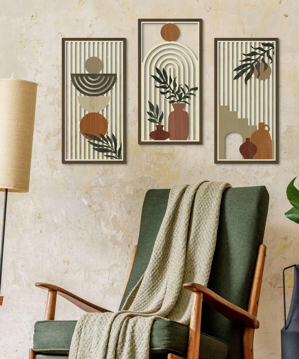 Boho Wall Art Set of 3, Abstract Geometric Wooden Wall Decor, Mid-Century Mod…